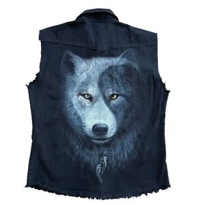 Spiral Direct Mens XXL Black Denim Wolf Vest Sleeveless Button Down Gothic Biker